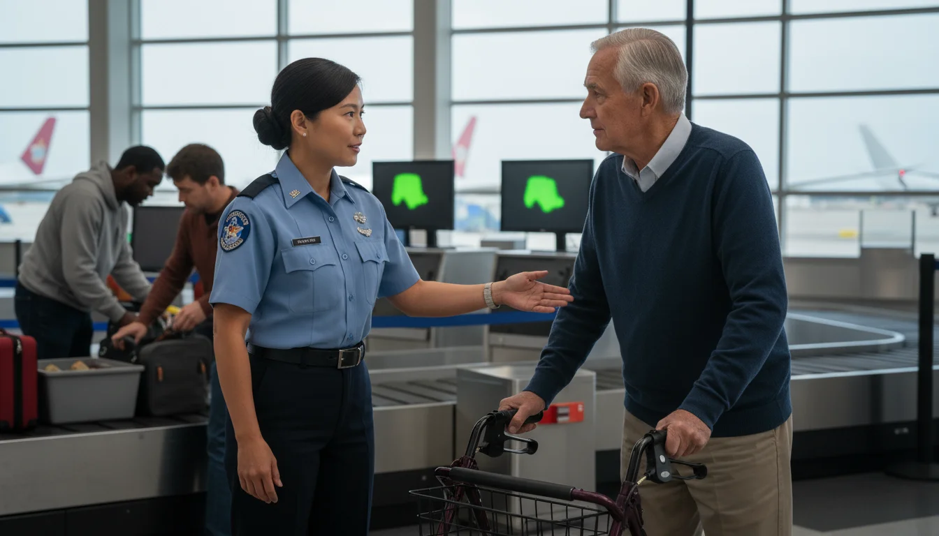 Senior man with a walker listens attentively to a TSA officer explaining a security procedure at an airport checkpoint.
