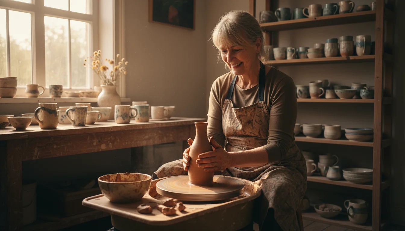 Senior woman in an apron, hands covered in clay, focused on shaping pottery on a wheel in a sunlit studio, finished ceramics in background.