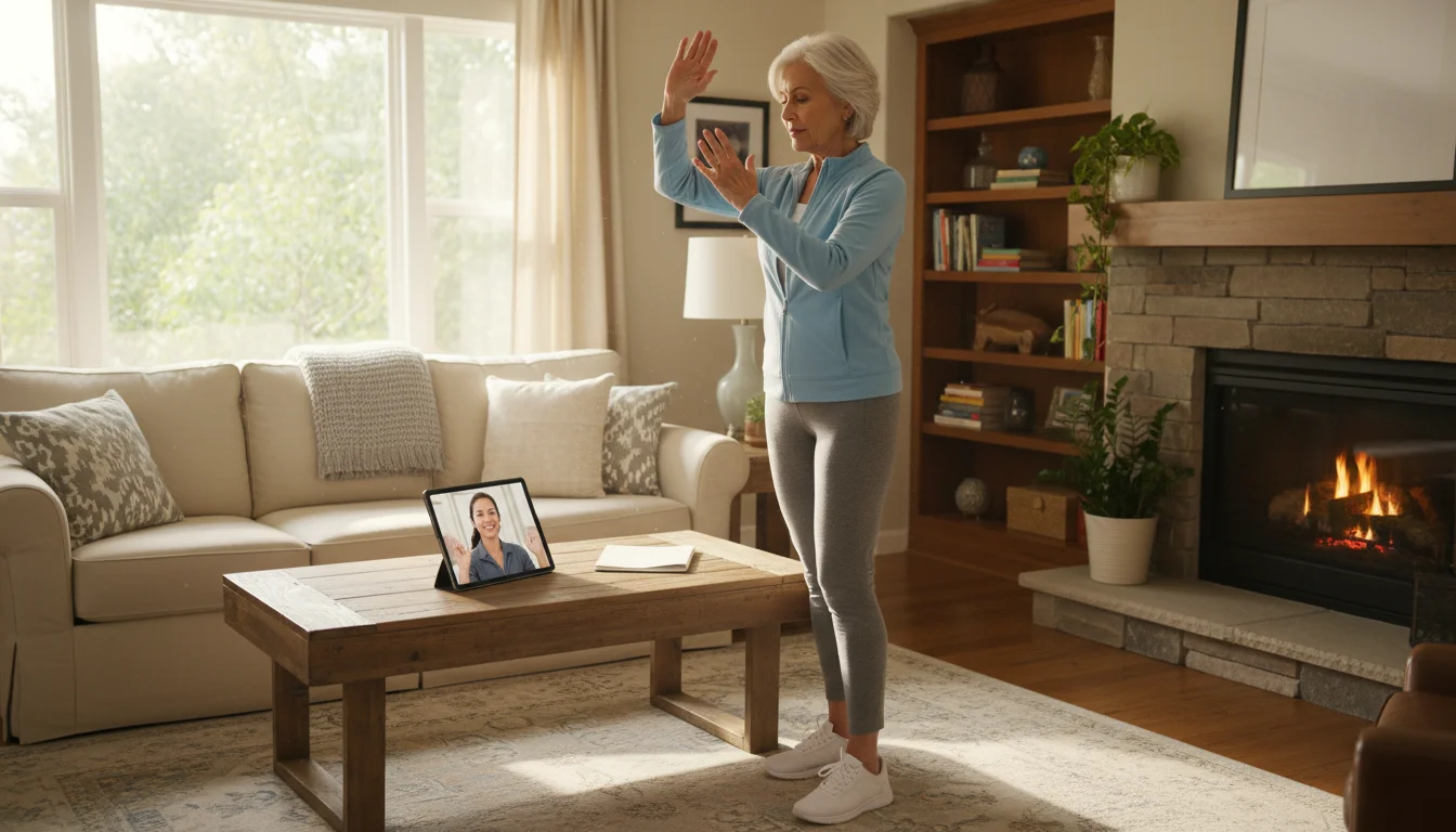 A senior woman in athletic wear exercises gently in her living room, following an instructor on a tablet.