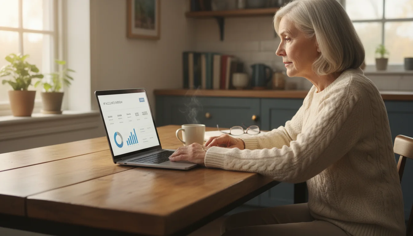 A senior woman attentively reviewing her finances on a laptop at a kitchen table with a warm drink.