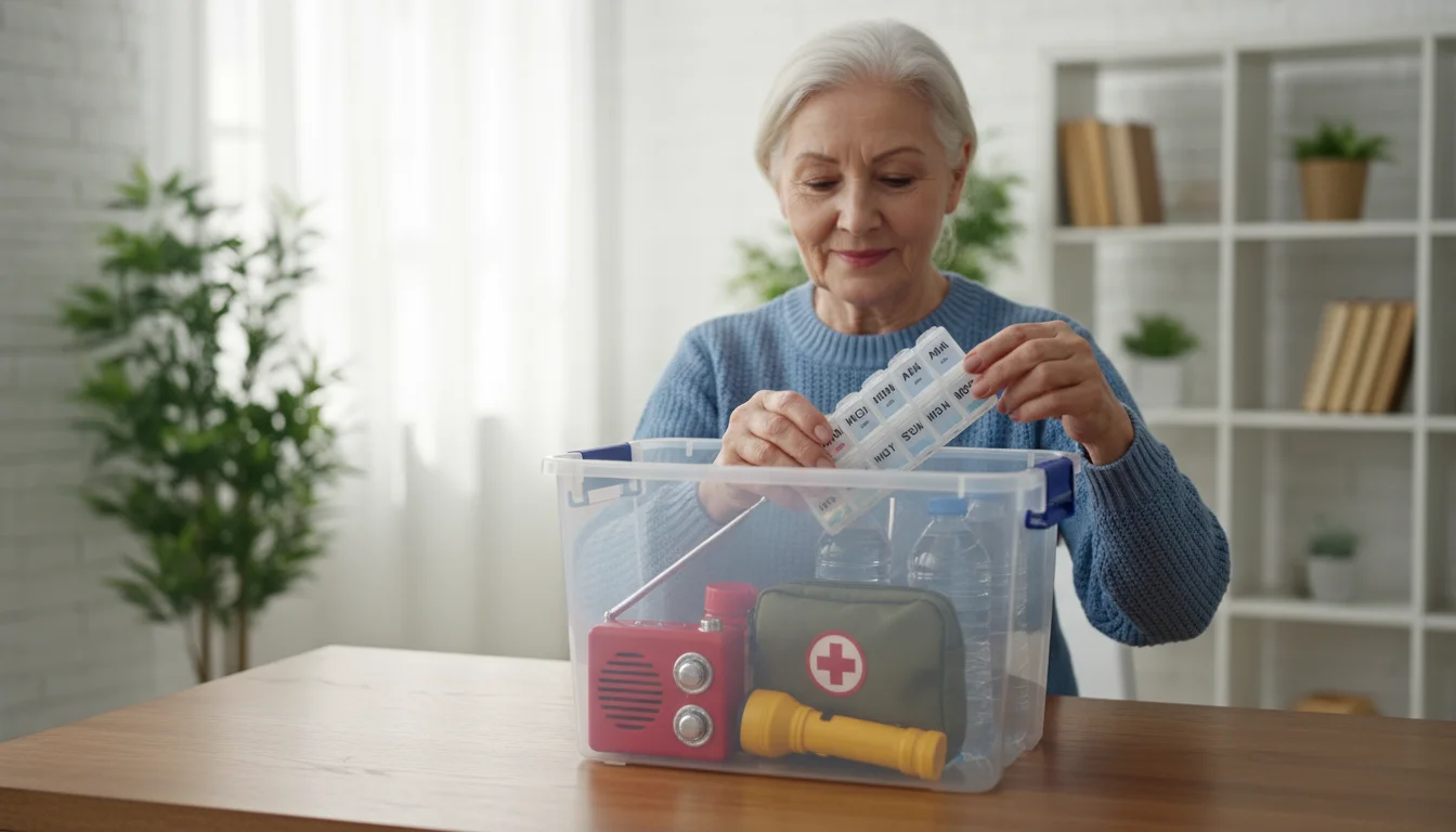 A senior woman calmly organizes her emergency preparedness kit, carefully placing a medication organizer among other essentials.