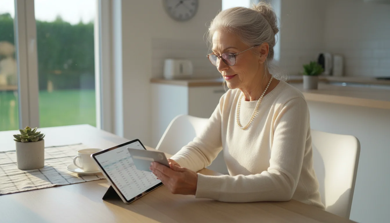 A senior woman calmly reviews a digital statement on a tablet at a kitchen table, a credit card beside it.