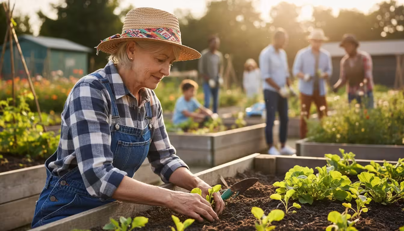 Senior woman in a community garden, hands in soil, planting seedlings in a raised bed. Other gardeners are blurred in the background.