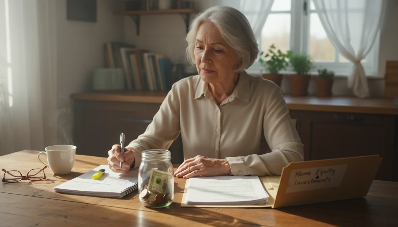 Senior woman, early 70s, at a kitchen table, looking at a notebook, a savings jar, and a folder, thoughtfully considering financial alternatives.