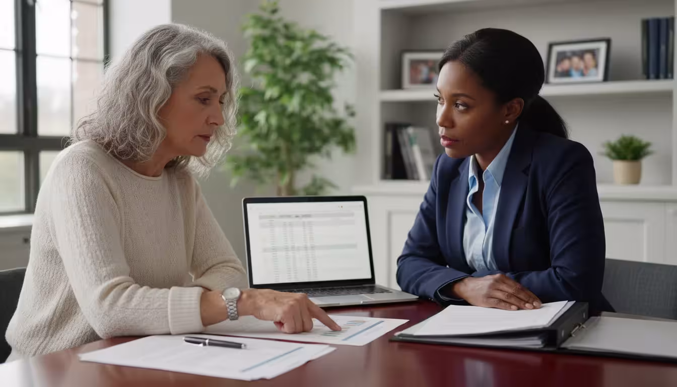 A senior woman and a financial advisor seated at a table, discussing financial documents in a calm office setting.