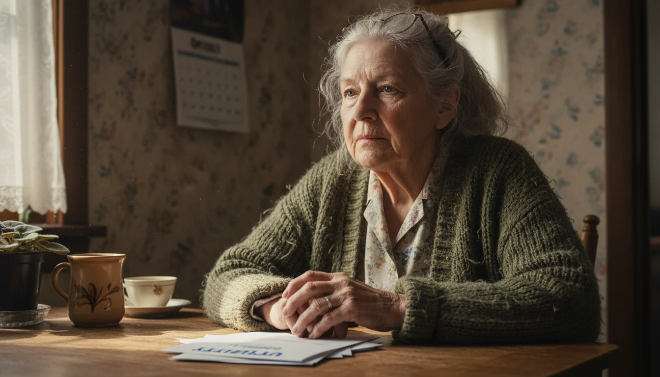 A senior woman with glasses sits at her kitchen table, hands resting near bills and mail, deep in quiet financial contemplation.