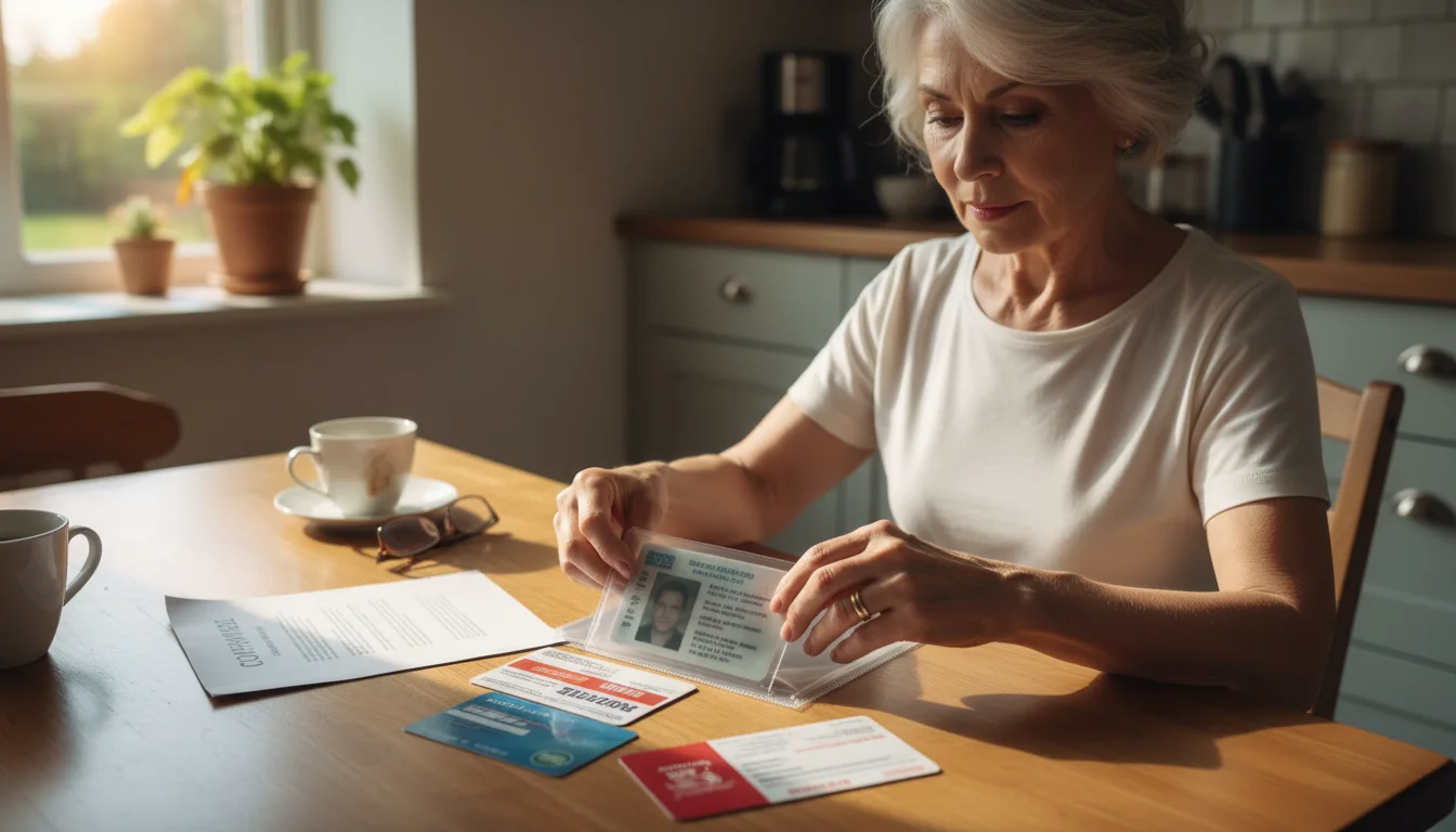 A senior woman's hands gently organize health insurance cards, a driver's license copy, and hotel printouts into a clear plastic folder on a wooden ki