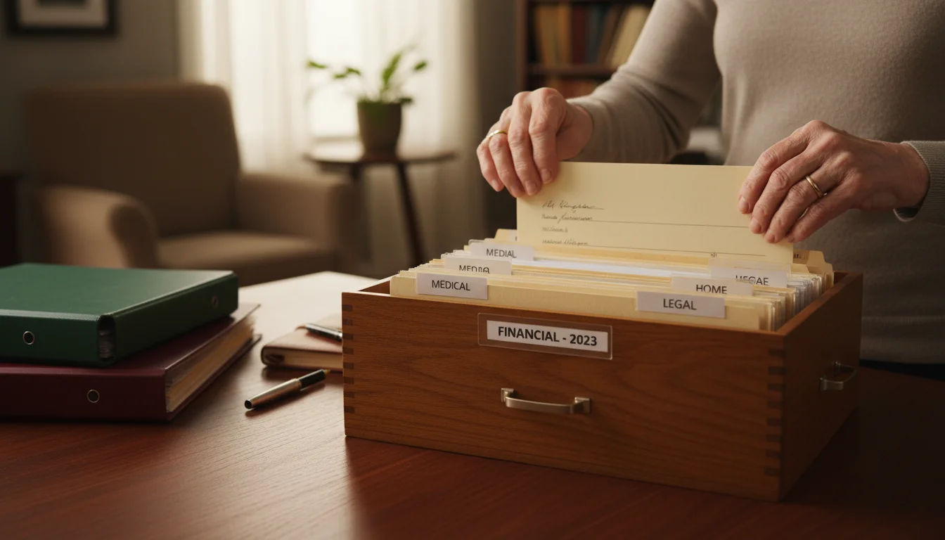 Senior woman's hands carefully place a document into a labeled file in a wooden box on a desk with other organized papers.