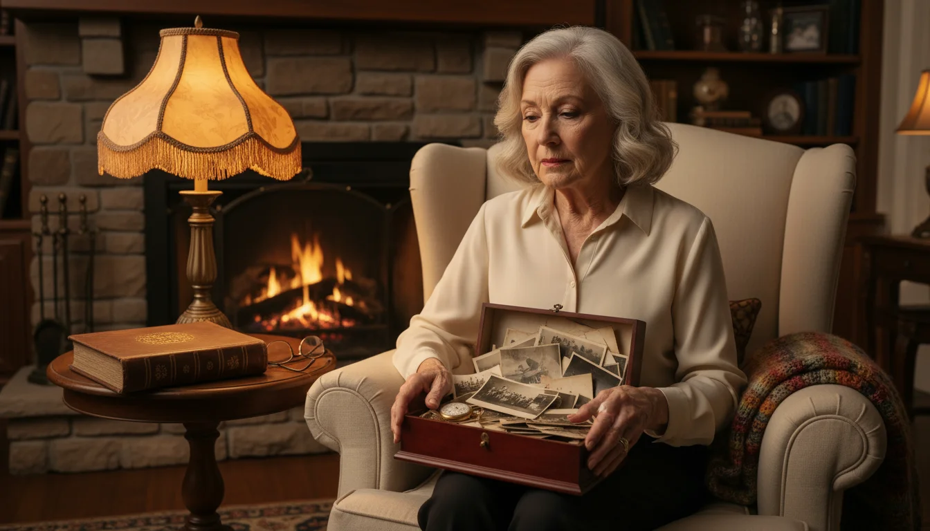 A senior woman's hands resting near a wooden box of photos and an antique watch in a softly lit living room.