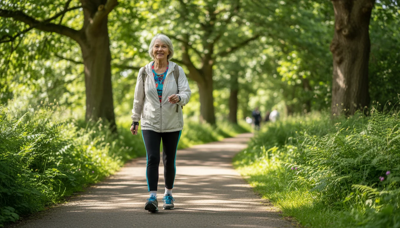 A senior woman with a happy expression walks briskly on a sunlit park path, dressed in comfortable activewear.