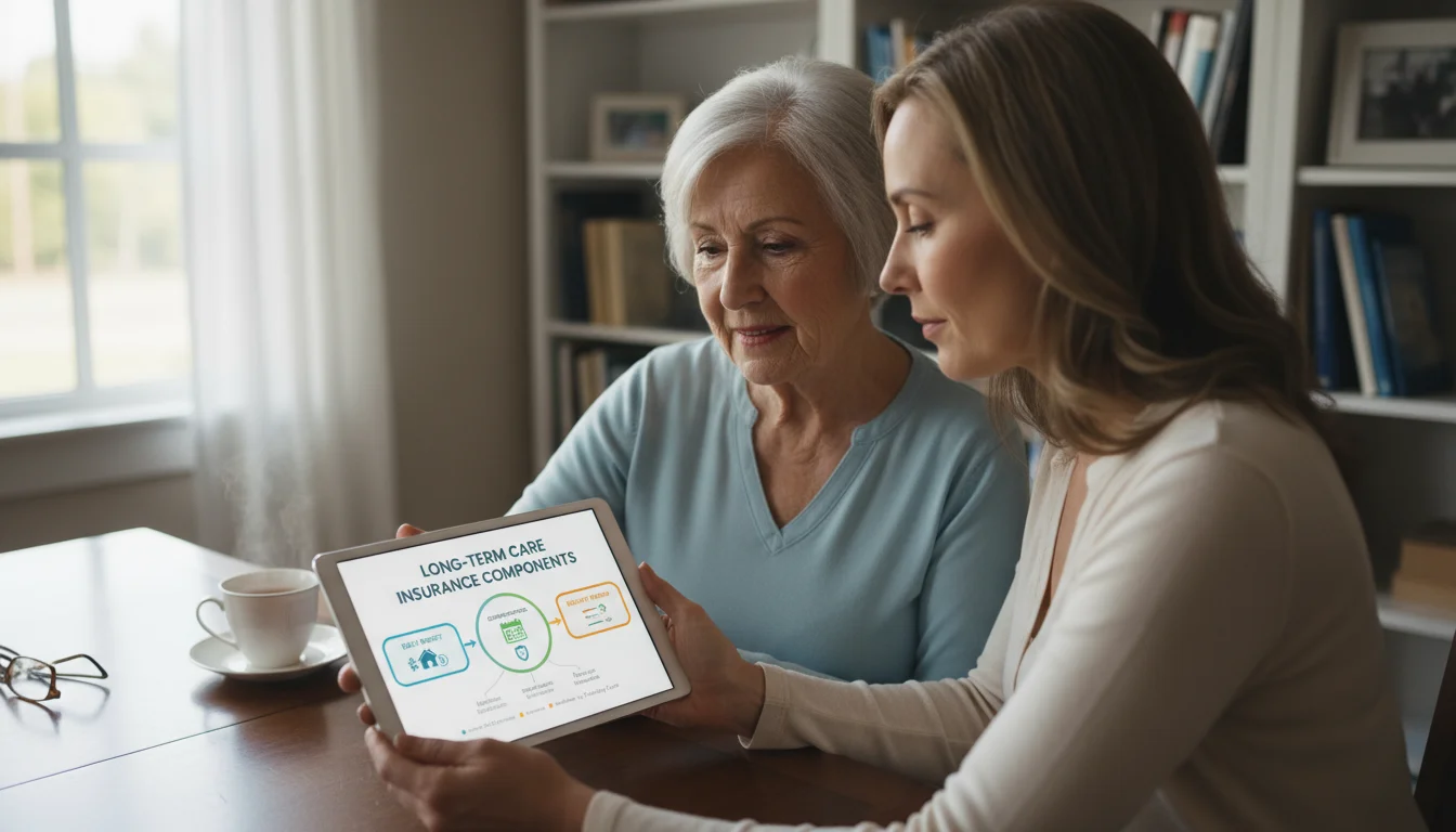 A senior woman and her adult daughter intently studying a tablet that displays an infographic on long-term care insurance components.