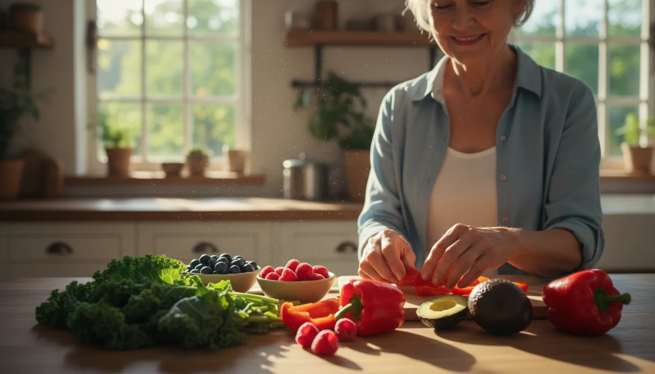 A senior woman in her kitchen gently arranges colorful fresh produce including kale, blueberries, raspberries, and bell peppers on a wooden counter.