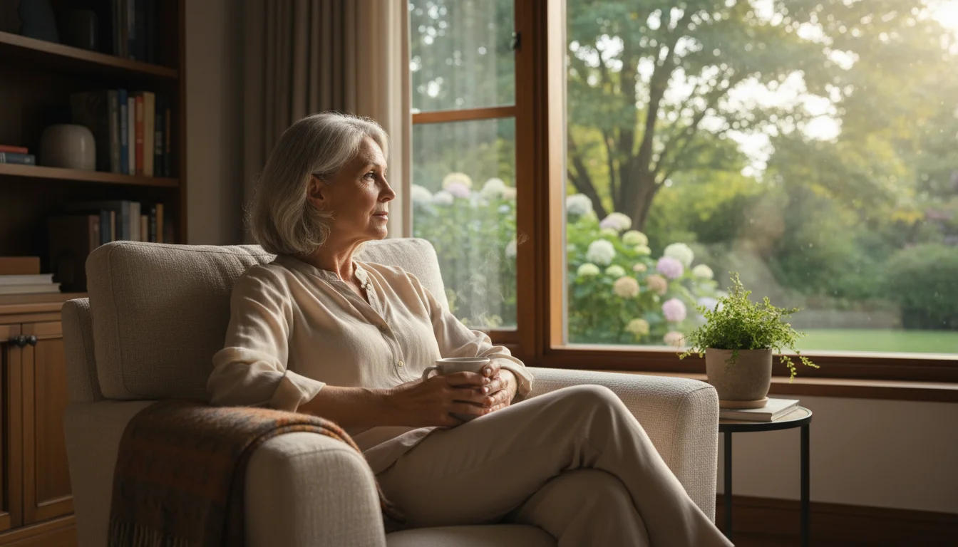 A senior woman holds a mug while looking thoughtfully out a sunny window into a green garden.