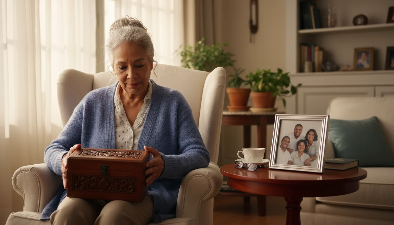 A senior woman holds a polished wooden box, looking thoughtfully, with a framed photo of adult children on a side table.