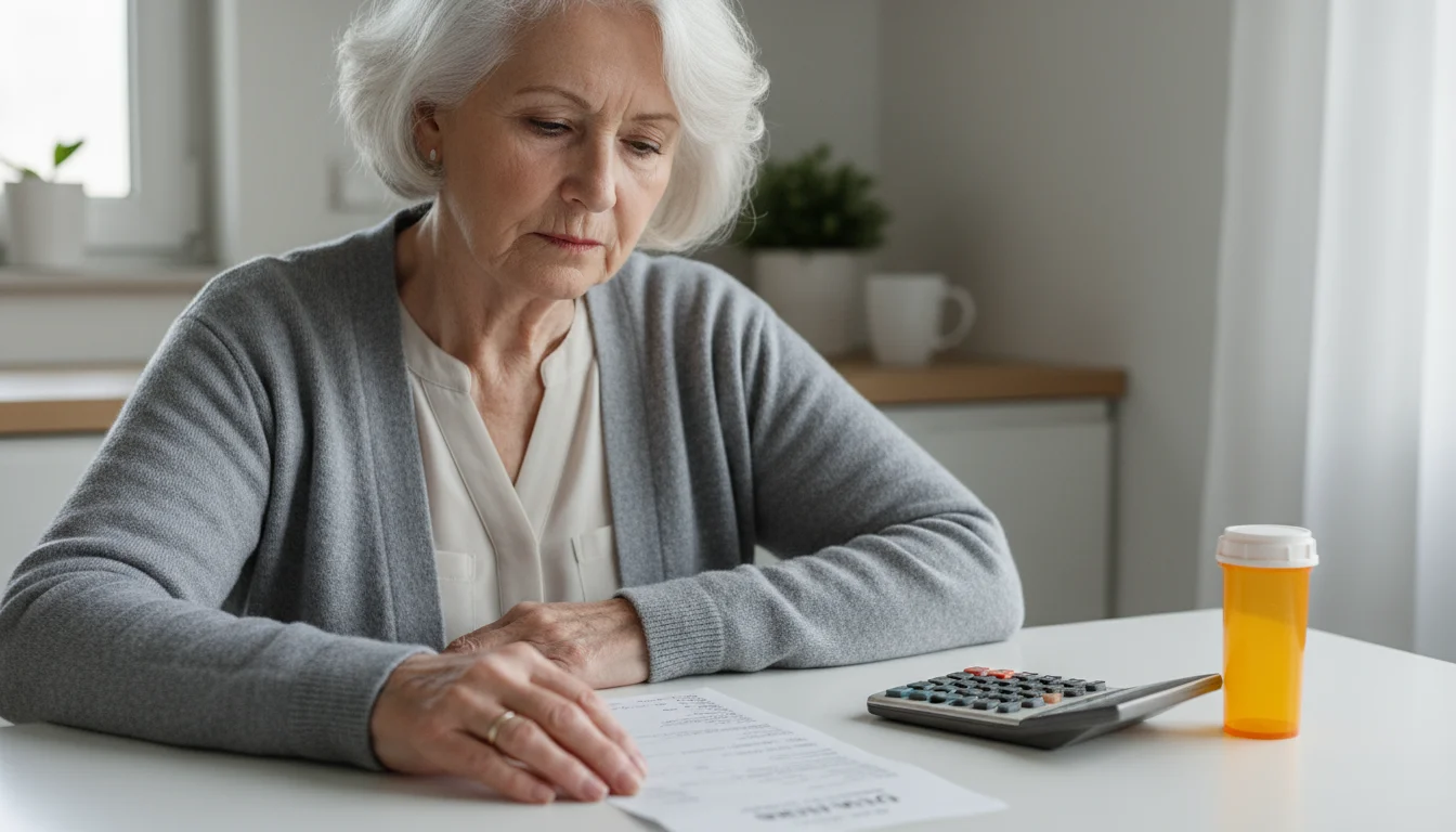 Senior woman at a kitchen table, contemplating an open utility bill, a prescription bottle, and a calculator.
