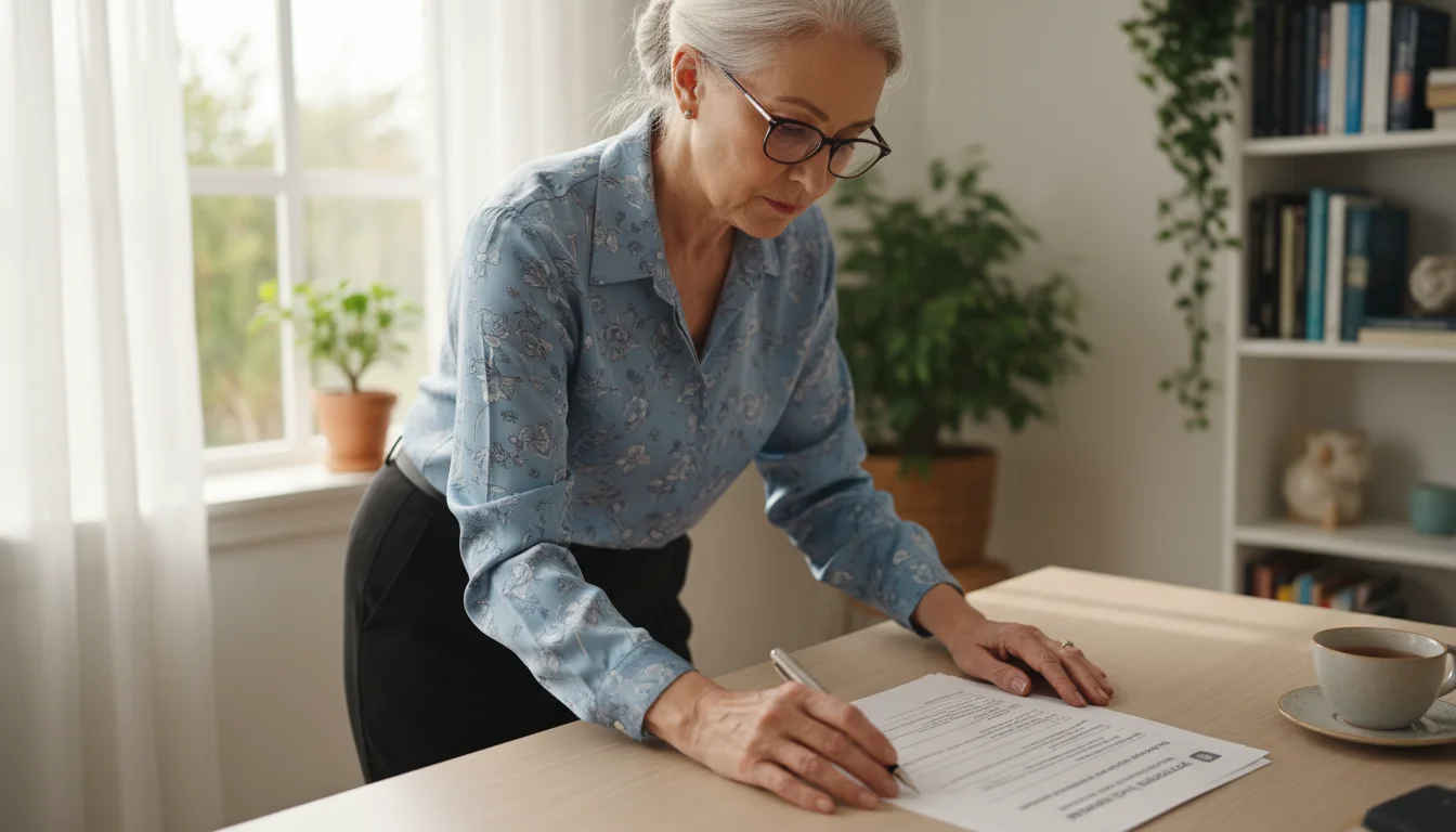 A senior woman, late 60s, intently reviewing a document at a well-lit wooden desk with a pen, a binder with flags, and a teacup.