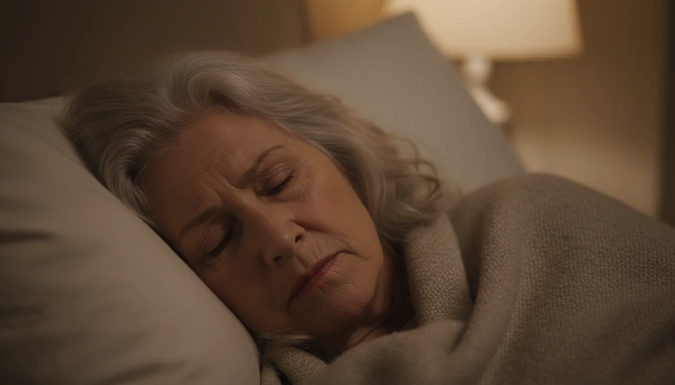 Close-up of a senior woman, late 70s, with natural grey hair, lying in bed with her eyes lightly closed and brow slightly furrowed.
