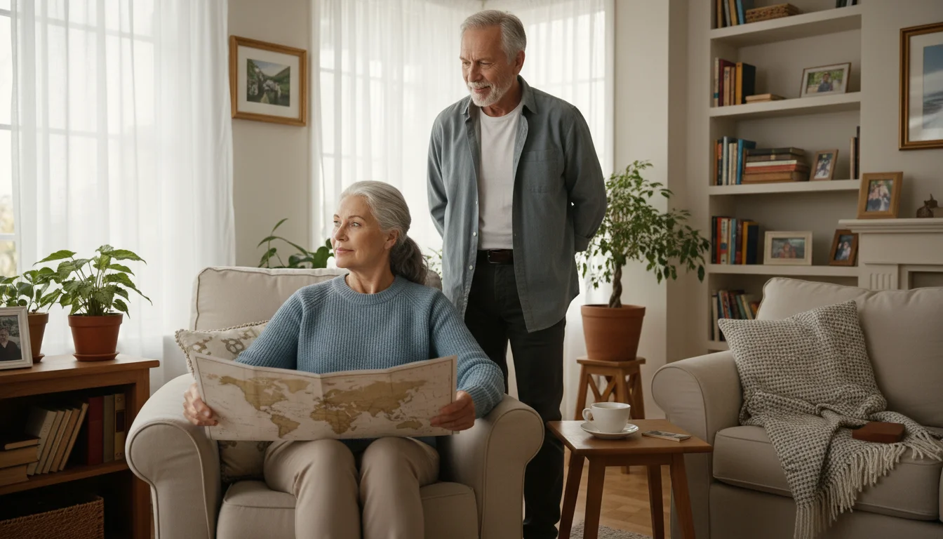 A senior woman looks out a window, holding a travel guide, as her husband observes her thoughtfully in their living room.