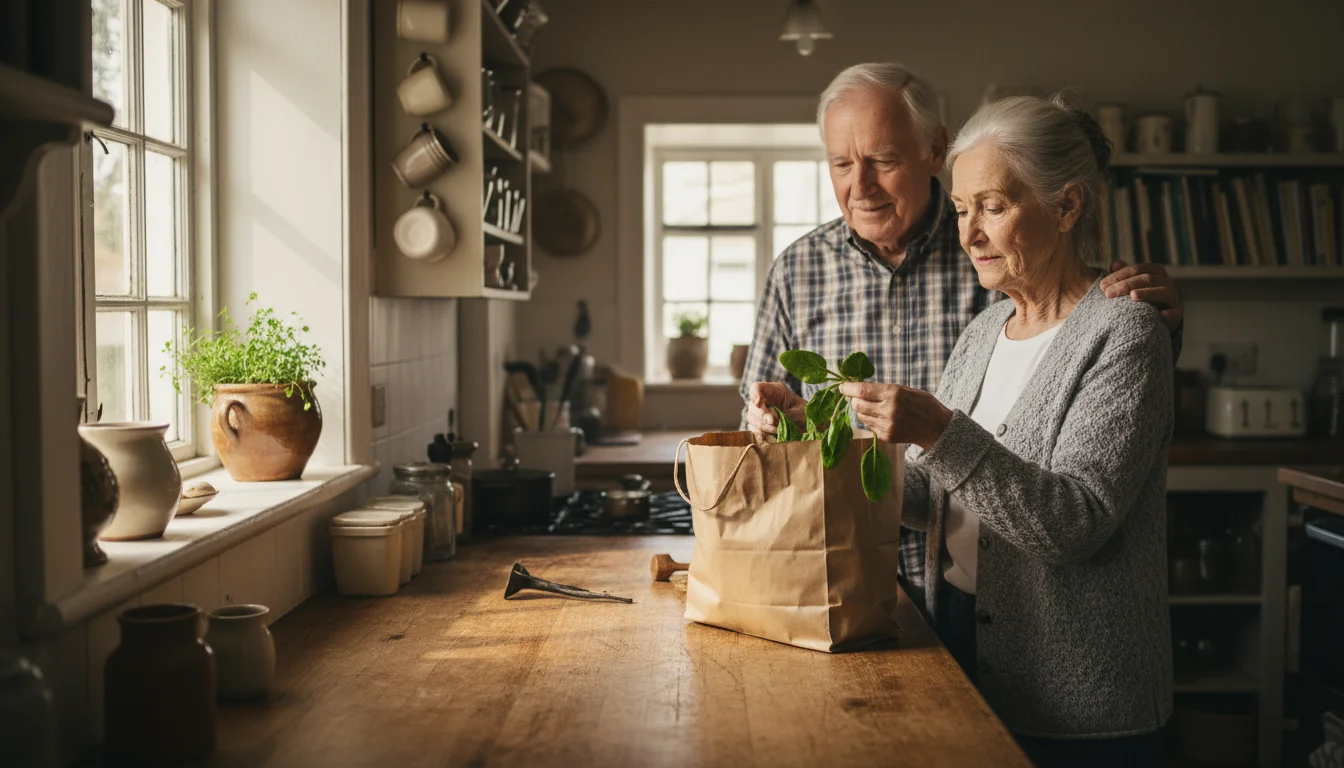 A senior woman looks thoughtfully at wilting spinach in her kitchen while her husband gently places a hand on her shoulder, offering support.