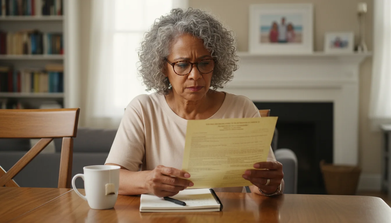 A senior woman with reading glasses looks intently at a property deed on a dining table, a framed photo of young adults in the blurred background.