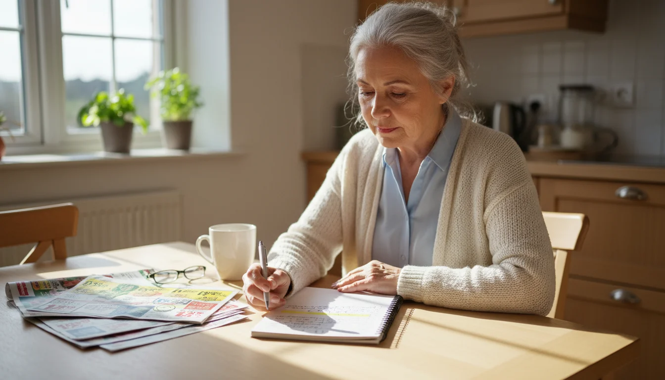 Senior woman reviewing a handwritten grocery list and supermarket flyers at her sunlit kitchen table, planning thoughtfully.