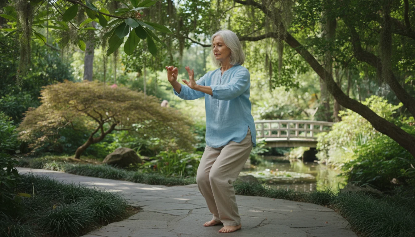A senior woman with silver hair performs gentle Tai Chi movements in a sunlit garden, surrounded by green plants.