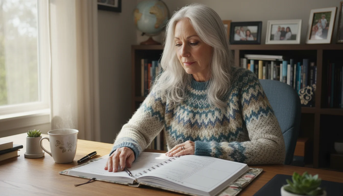A senior woman with silver hair reviews her open paper planner at a bright, organized desk with tea and a photo of grandchildren.