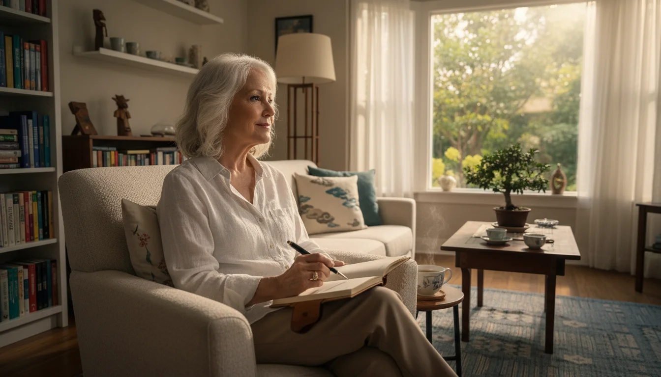 A senior woman sits by a window, pen in hand, looking thoughtfully with an open notebook, envisioning her future wellness.