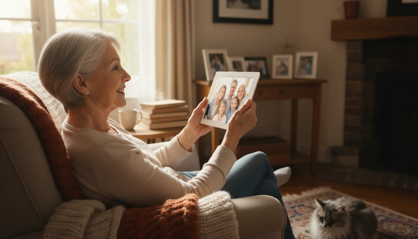 A senior woman smiling warmly while holding a tablet in her cozy living room, appearing to be on a video call.