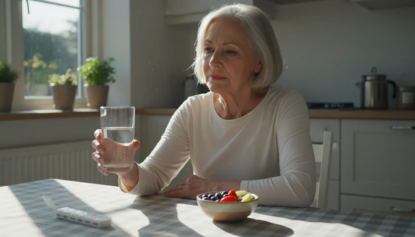 A senior woman at a sunlit kitchen table reaching for a glass of water, with a pill organizer and fruit nearby.