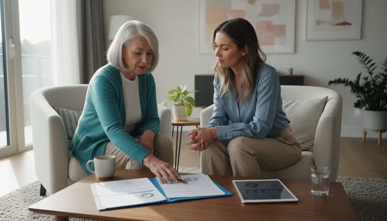 A senior woman in a teal cardigan and her financial advisor reviewing investment documents on a tablet in a well-lit, comfortable room. They are engag