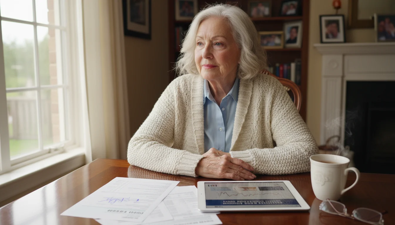 A senior woman thoughtfully reviews financial papers and a tablet at her dining table, planning her retirement withdrawals.