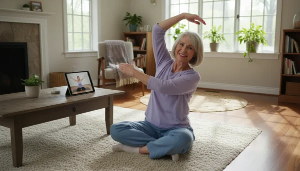 A senior woman with a warm smile doing gentle seated stretches in her sunlit living room, following an exercise class on a tablet.