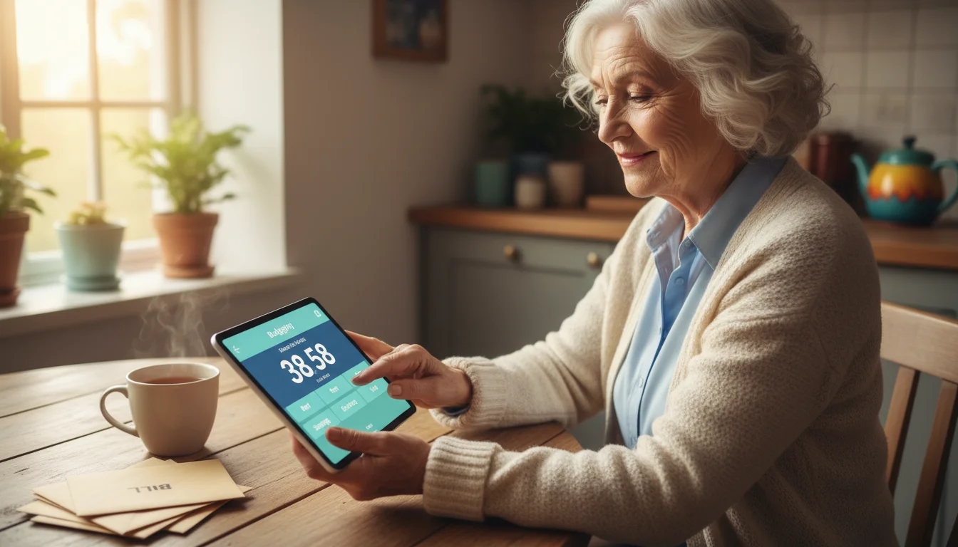 A senior woman at a wooden kitchen table taps a tablet displaying a simple budgeting app, with a cup of tea and papers nearby.