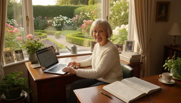 A senior woman works on a laptop at a home desk, with a crossword puzzle beside it and a sunny garden visible through a window.