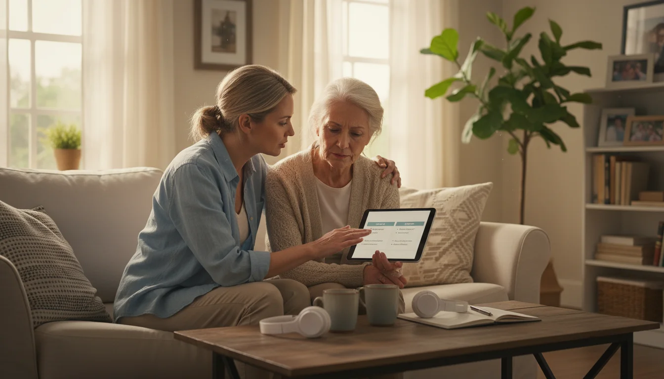A senior woman and a younger adult family member seated, looking at a tablet together and discussing choices.