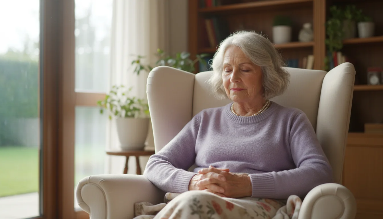 A serene older woman with gently closed eyes sits peacefully in an armchair by a sunlit window, hands resting in her lap.