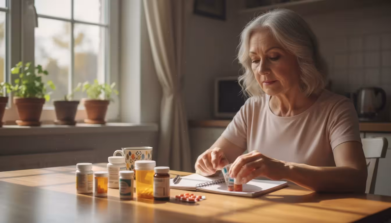 A serene older woman at her kitchen table, intently sorting medication bottles and supplements, with a notepad and pen.