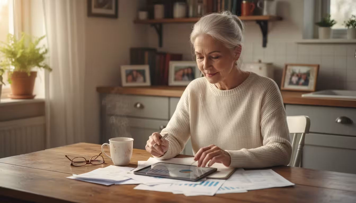 A serene senior woman at a kitchen table, reviewing documents and a tablet in soft morning light, with a cup of tea nearby.