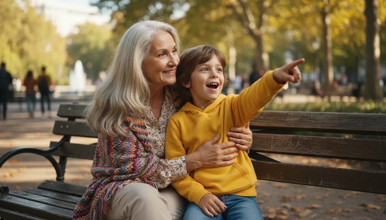 A silver-haired grandmother and her grandchild sitting on a park bench, the child pointing excitedly. An open notebook rests on her lap.