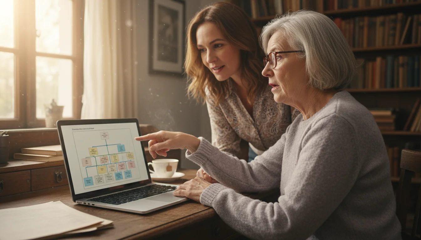 A silver-haired woman and a younger woman looking intently at a laptop screen together, the younger woman pointing.