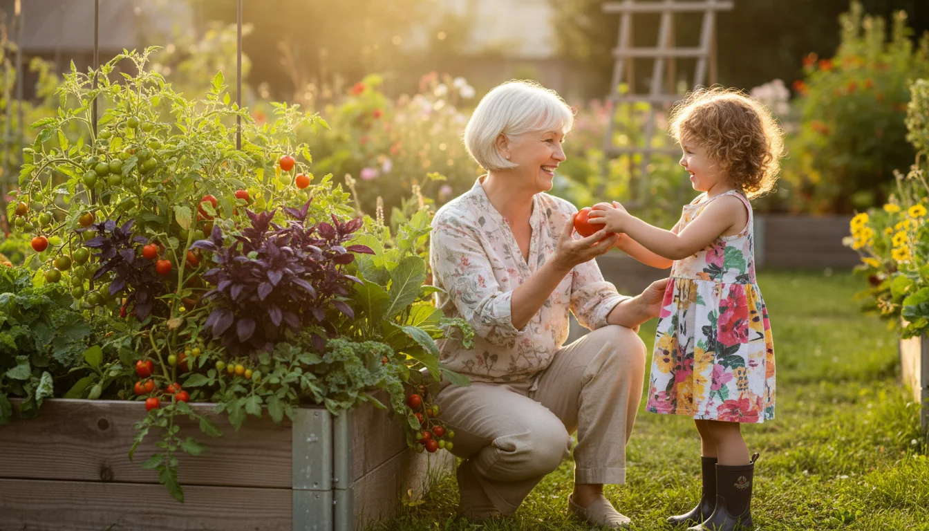A smiling grandmother in a garden hands a ripe tomato to her excited young granddaughter.