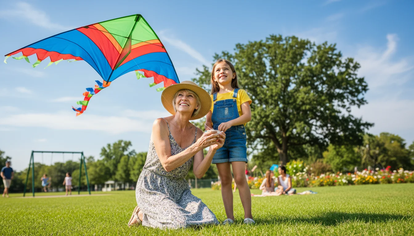 A smiling grandmother kneels in a sunny park, helping her young granddaughter fly a colorful kite. Both are focused and engaged, hands near the kite s