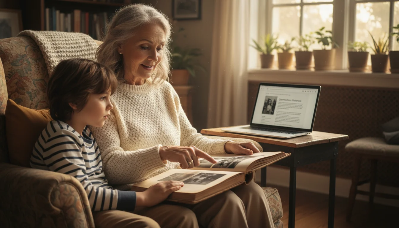 A smiling grandmother shares stories from a vintage photo album with her curious grandchild, a blog editing screen visible on a laptop nearby.