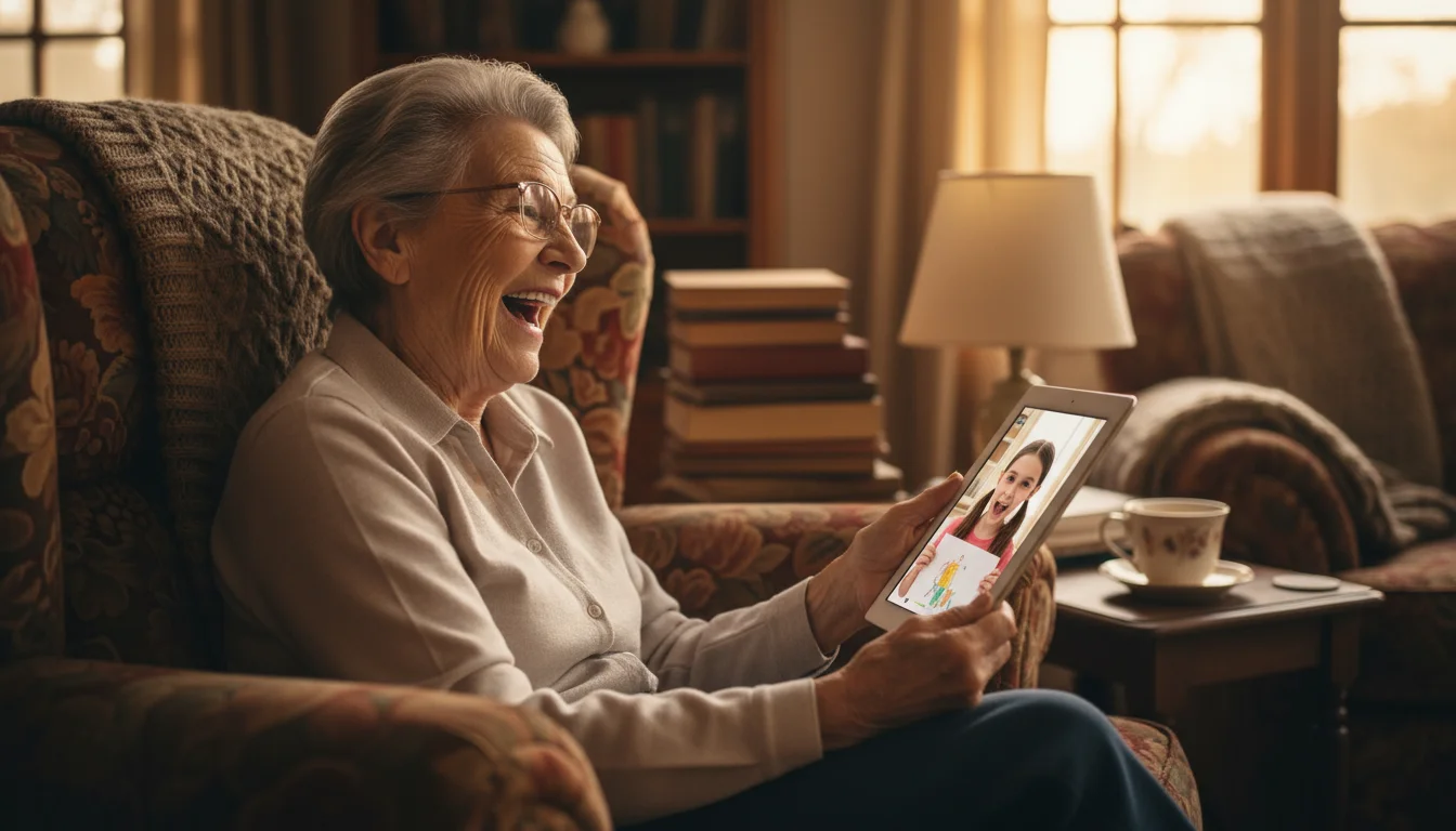 A smiling grandmother video-calls a child on a tablet, while an adult woman uses a laptop in the background.