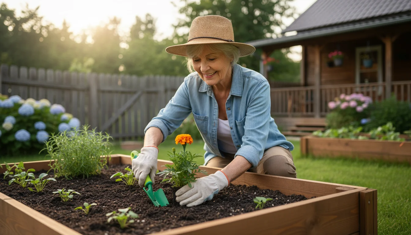 A smiling senior woman plants flowers in a raised garden bed, comfortably holding an adaptive trowel.