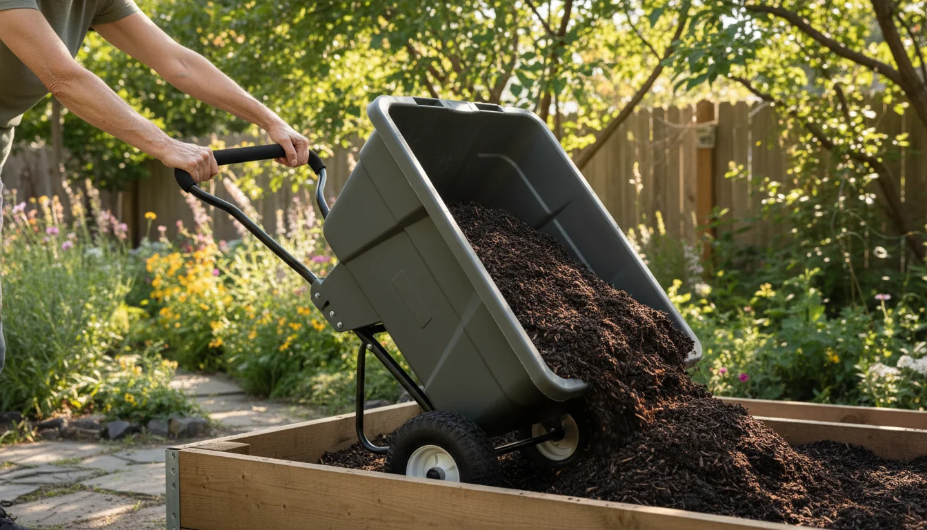A sturdy green garden dump cart is tipping to unload mulch onto a garden bed, guided by the hands of an older woman.