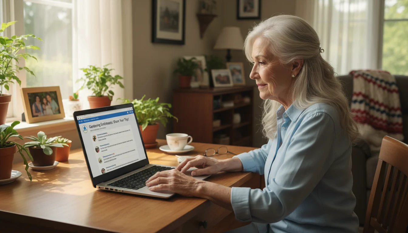 A thoughtful grandmother with silver hair smiles gently while looking at her laptop, her hands resting near the keyboard.