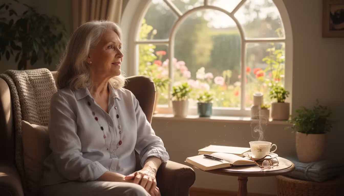 A thoughtful older woman in her 70s sits by a sunlit window, gazing outside with a gentle, hopeful expression. A journal and pen rest on a table besid