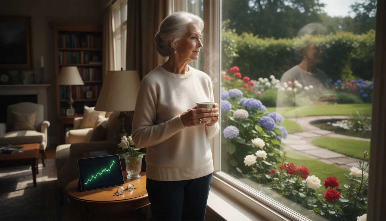 A thoughtful older woman, mid-70s, looks calmly out a window at a lush garden, holding a mug. A blurred tablet is nearby.